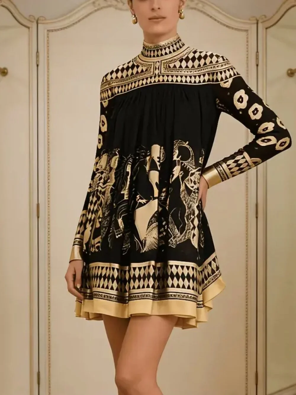 Women'S Bronze Ethnic Print Stand Collar Long-Sleeved Short Dress, Casual